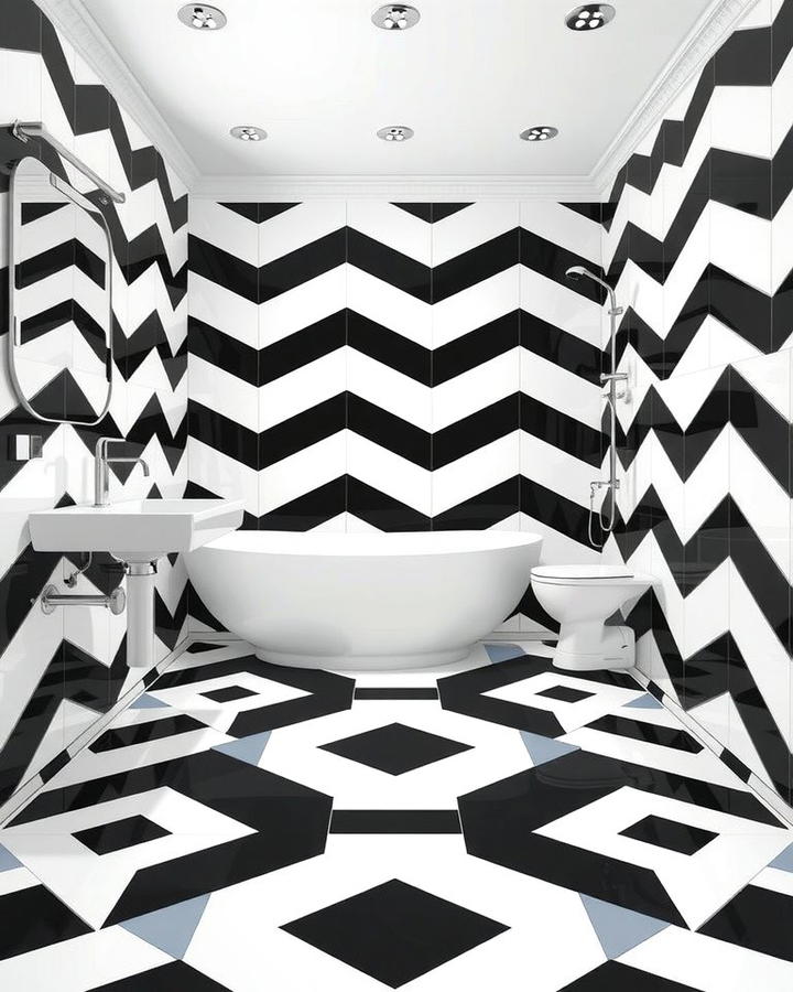 Geometric Black and White Floor Tiles - 30 Black and White Bathroom Tile Ideas