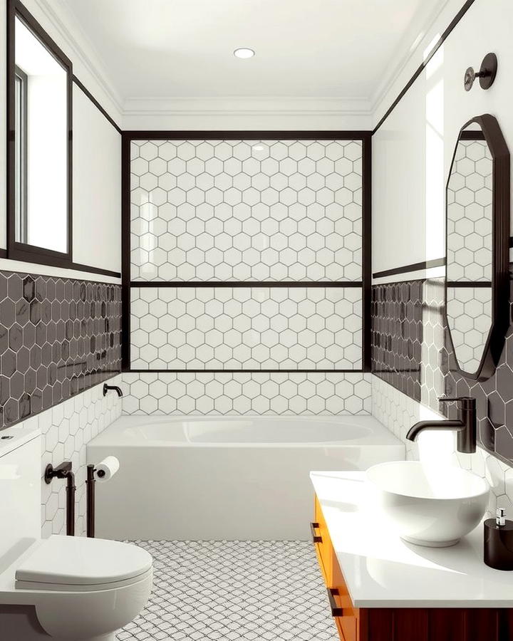 Geometric Borders with Hexagon Tiles - 30 Bathrooms With Hexagon Tile Floors