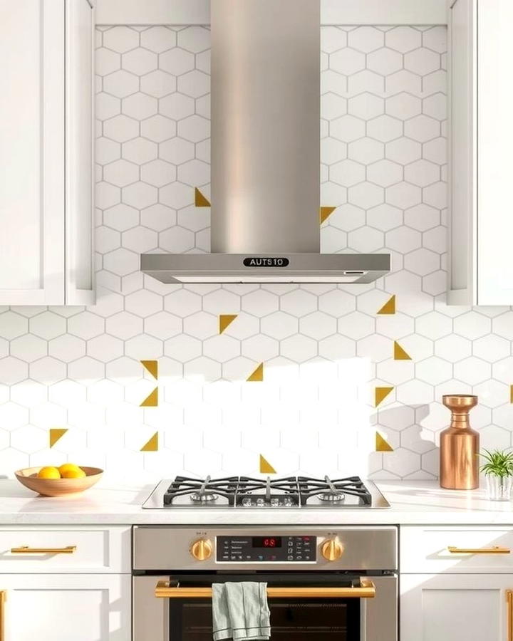 Geometric Gold Accents on White Tiles - 25 White and Gold Kitchen Backsplash Ideas