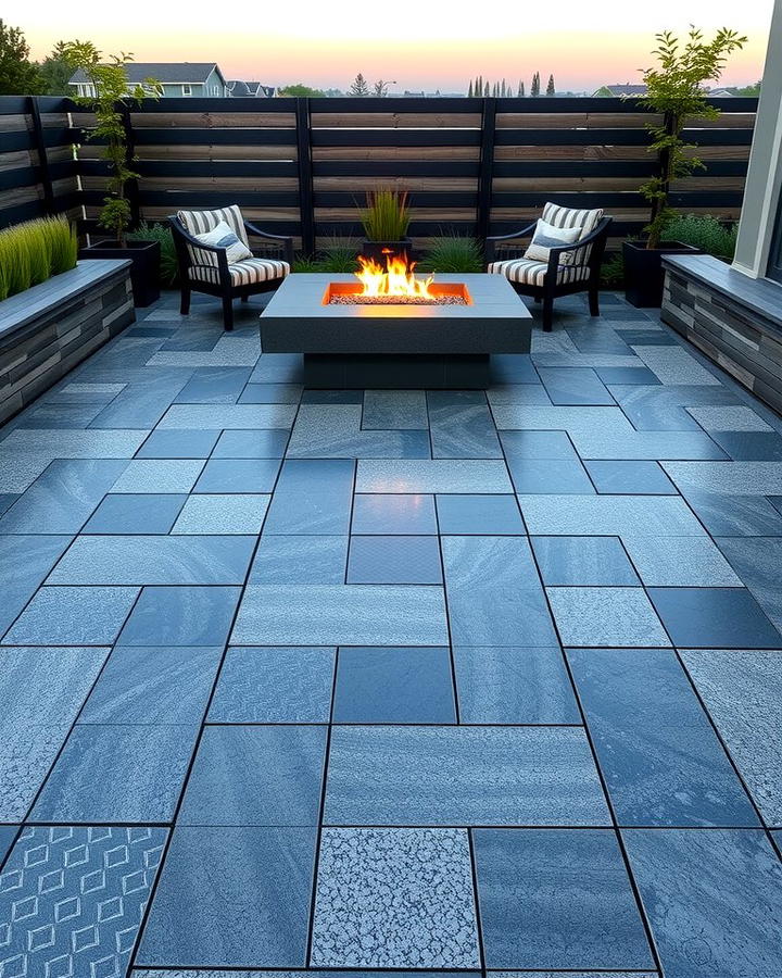 Geometric Patterned Concrete with Modern Fire Pit - 25 Stamped Concrete Patio With Fire Pit Ideas