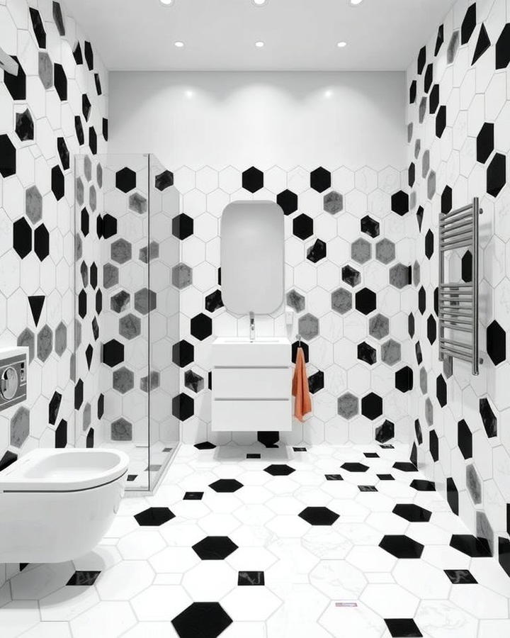 Geometric Patterns - 30 Black and White Bathroom Tile Ideas