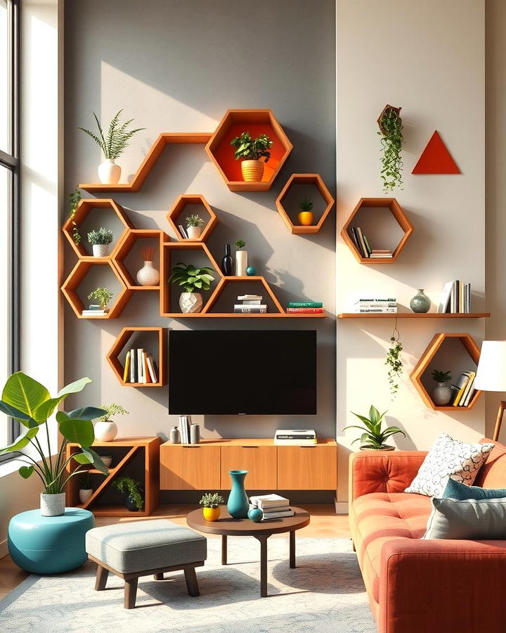 Geometric Shelves for a Modern Statement - 30 Living Room Shelf Ideas