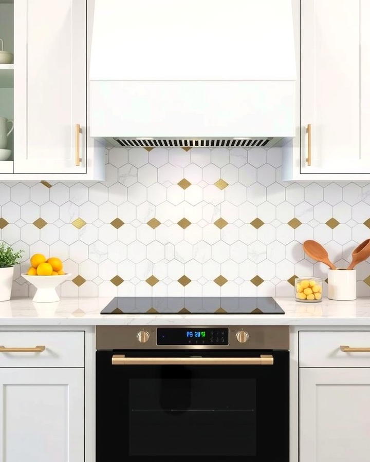 Geometric White and Gold Tile Pattern - 25 White and Gold Kitchen Backsplash Ideas