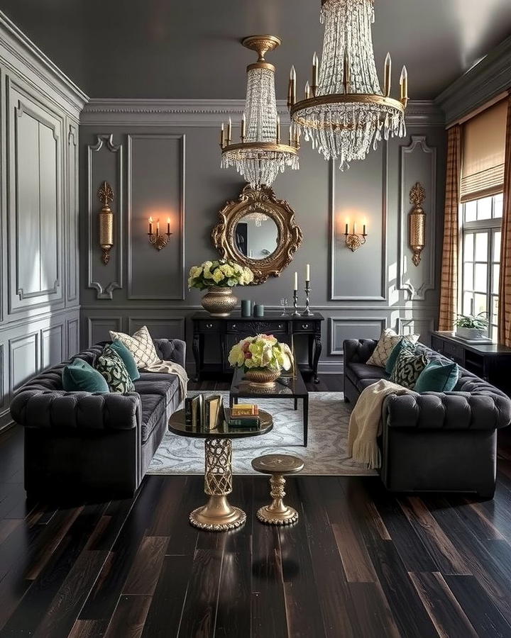 Glamorous Grey Luxe - 30 Grey Living Room With Dark Wood Floors