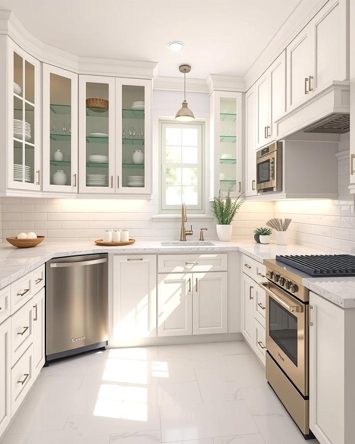 Glass Front Cabinets for a Light and Airy Feel - 25 White Kitchen with Stainless Steel Appliances Ideas