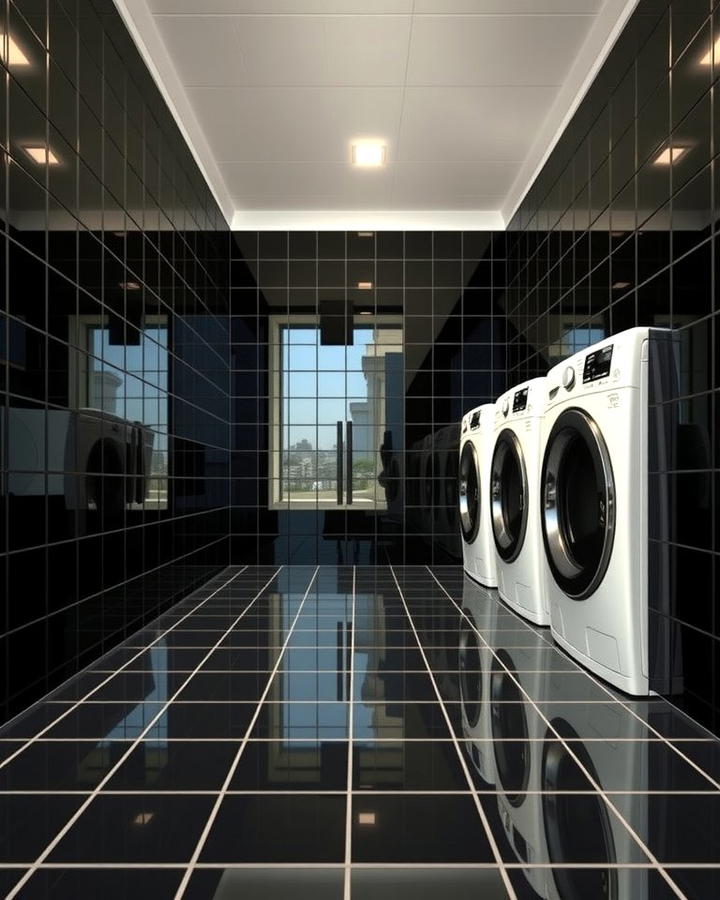 Glossy Black Tiles for a Polished Finish - 30 black laundry room ideas