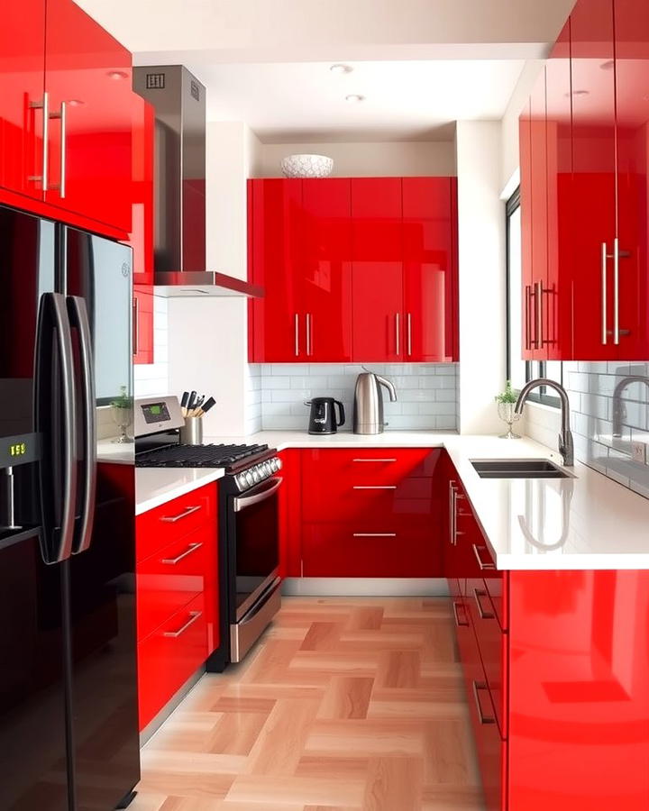 Glossy Red Cabinets with Black Handles - 25 red and black kitchen ideas