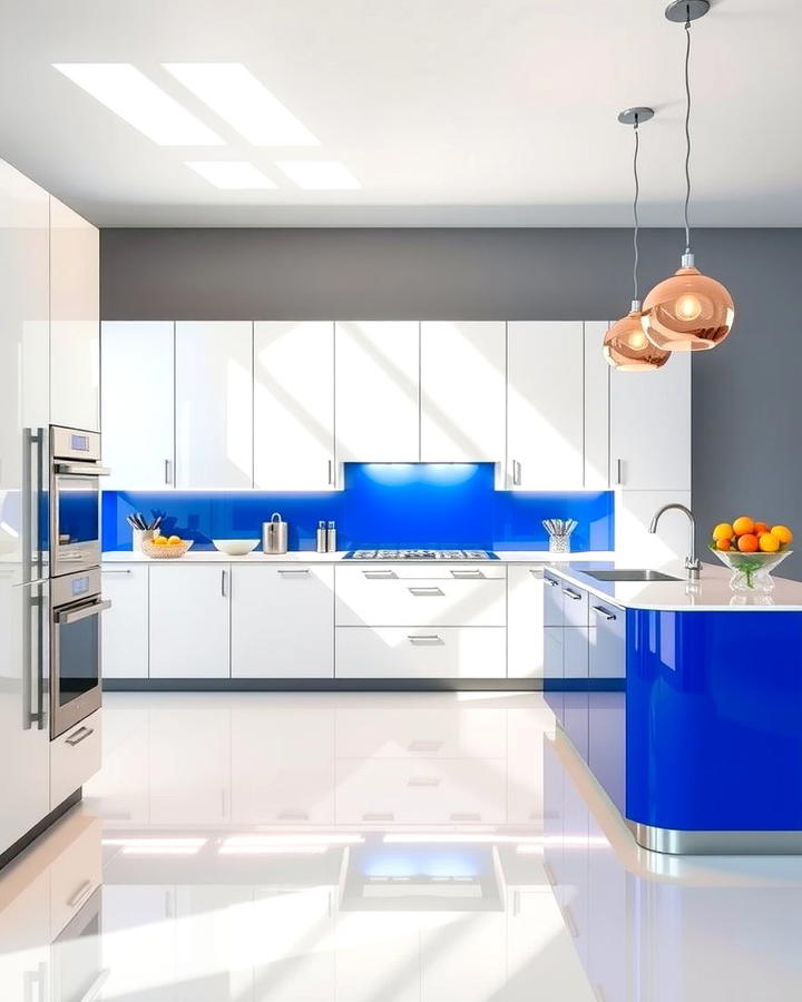 Glossy White Cabinets with a Cobalt Blue Island - 25 White Kitchen Cabinets With Blue Island