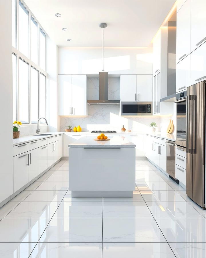 Glossy White Ceramic Tiles - 25 White Kitchen Floor Ideas