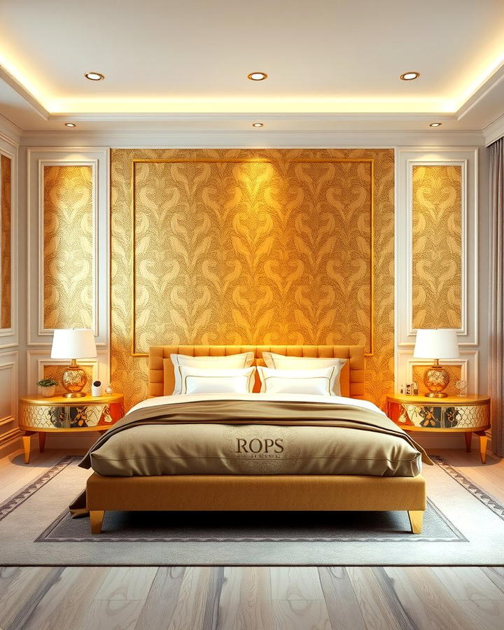 Gold Accent Wall - 25 White and Gold Bedroom Ideas