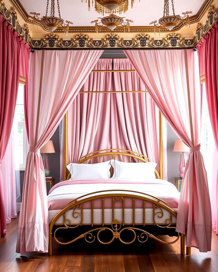 Gold Canopy Bed with Pink Drapes - 25 Pink and Gold Bedroom Ideas