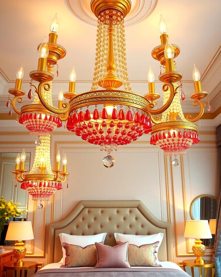 Gold Chandeliers with Pink Crystal Accents - 25 Pink and Gold Bedroom Ideas