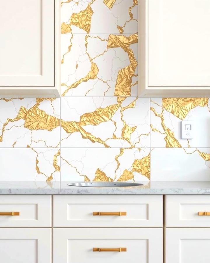 Gold Foil on White Ceramic Tiles - 25 White and Gold Kitchen Backsplash Ideas