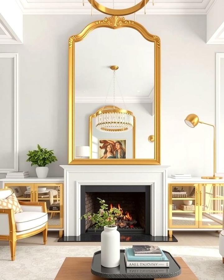 Gold Framed Mirrors for Glamorous Reflections - 25 White and Gold Living Room Ideas