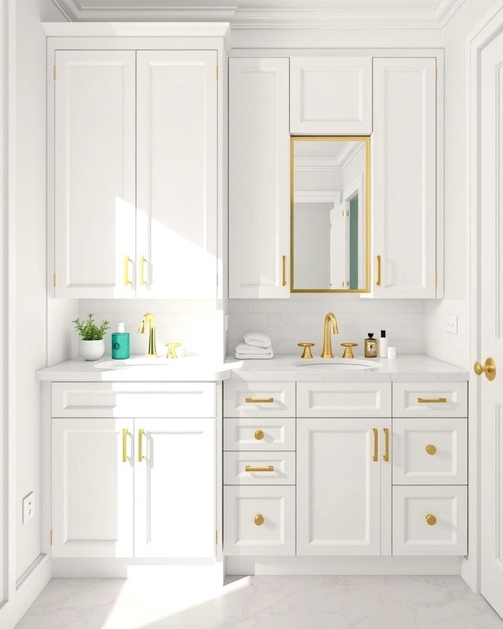 Gold Hardware on White Cabinets - 25 White and Gold Bathroom Ideas