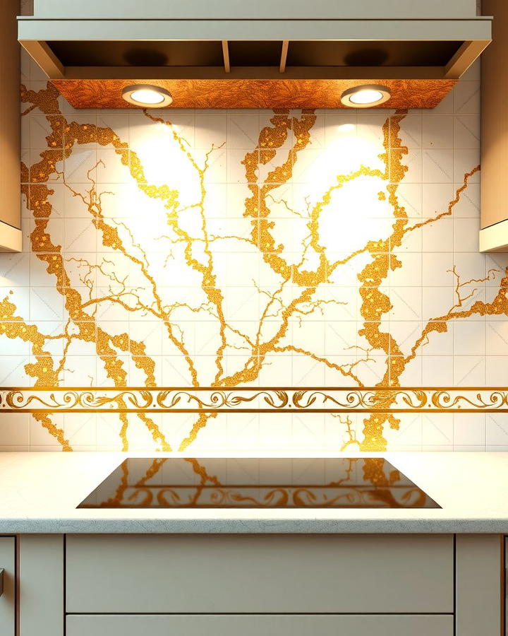 Gold Leaf Overlaid on White Glass Tiles - 25 White and Gold Kitchen Backsplash Ideas