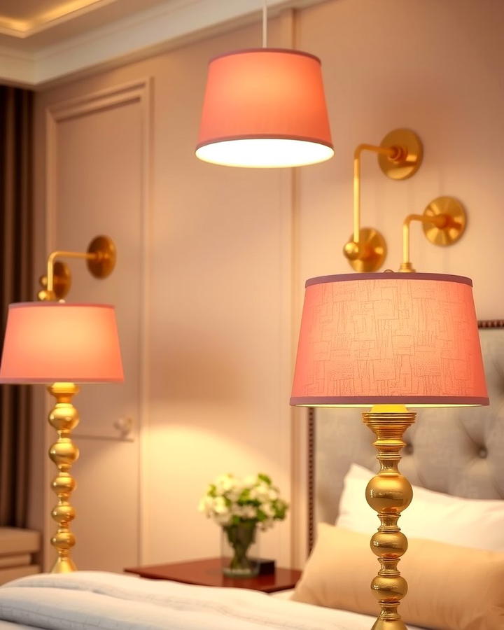 Gold Lighting Fixtures with Pink Lampshades - 25 Pink and Gold Bedroom Ideas