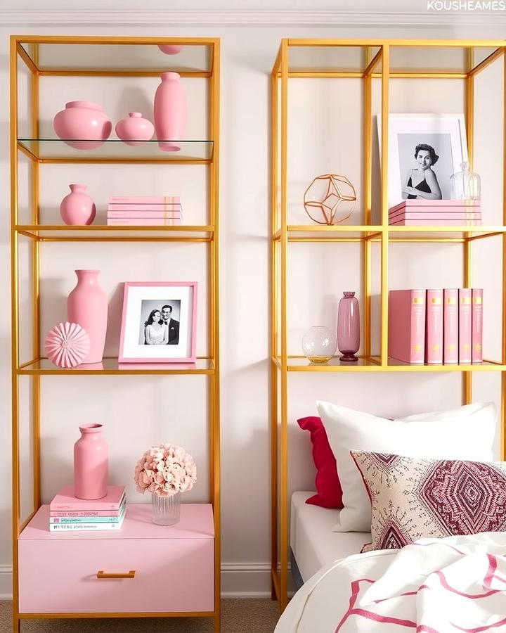 Gold Shelving Units with Pink Decor - 25 Pink and Gold Bedroom Ideas