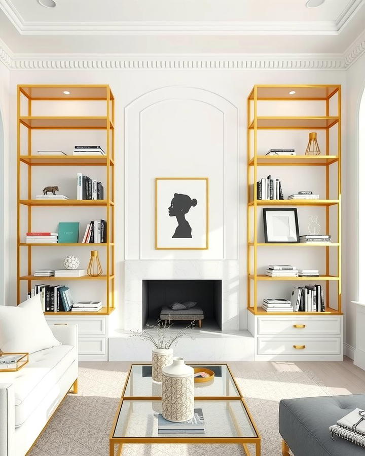 Gold Shelving Units - 25 White and Gold Living Room Ideas