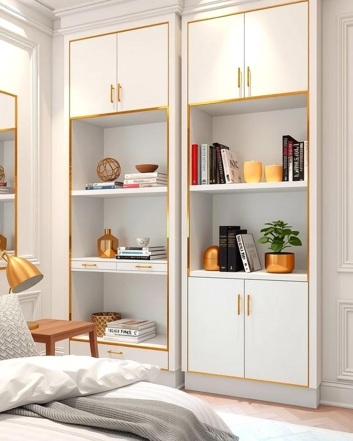 Gold Trimmed Shelving - 25 White and Gold Bedroom Ideas