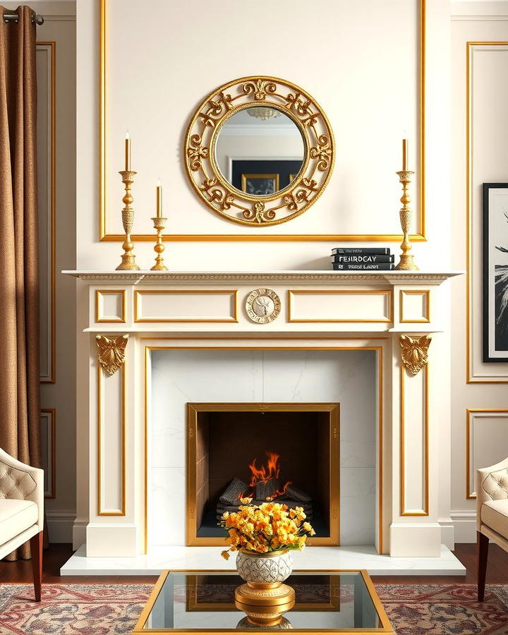 Gold and White Fireplace Mantel - 25 White and Gold Living Room Ideas