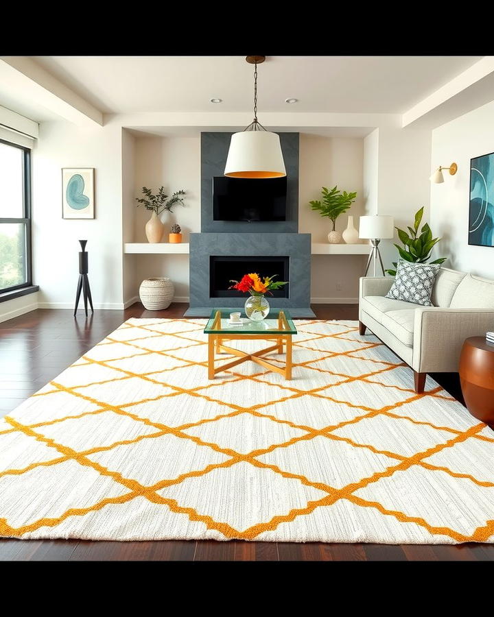 Gold and White Geometric Rugs for Visual Depth - 25 White and Gold Living Room Ideas