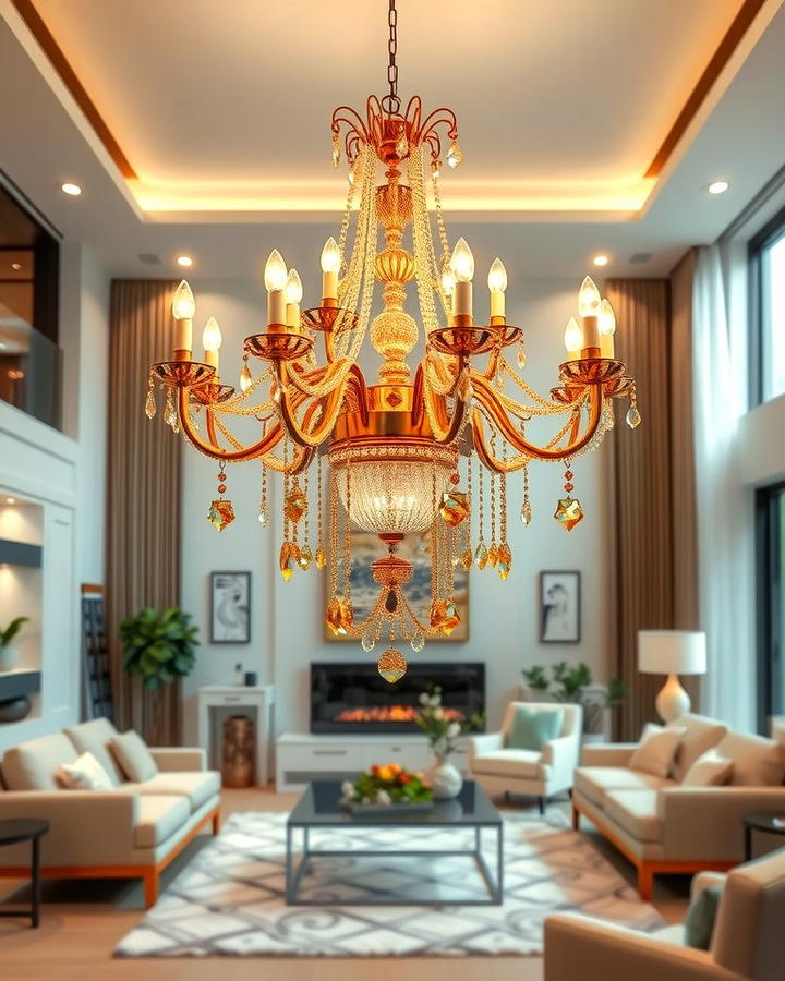 Golden Chandeliers for a Majestic Focal Point - 25 White and Gold Living Room Ideas