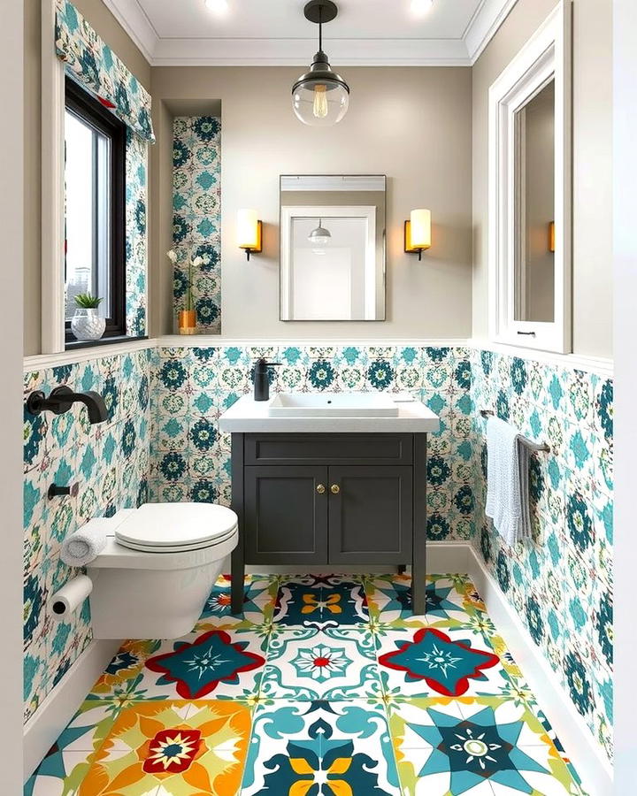 Graphic Cement Tiles - 25 Small Bathroom Flooring Ideas