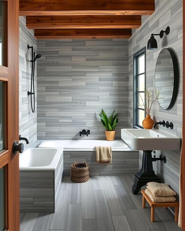 Gray Wood Look Tiles for Rustic Charm - 30 Gray Floor Bathroom Ideas