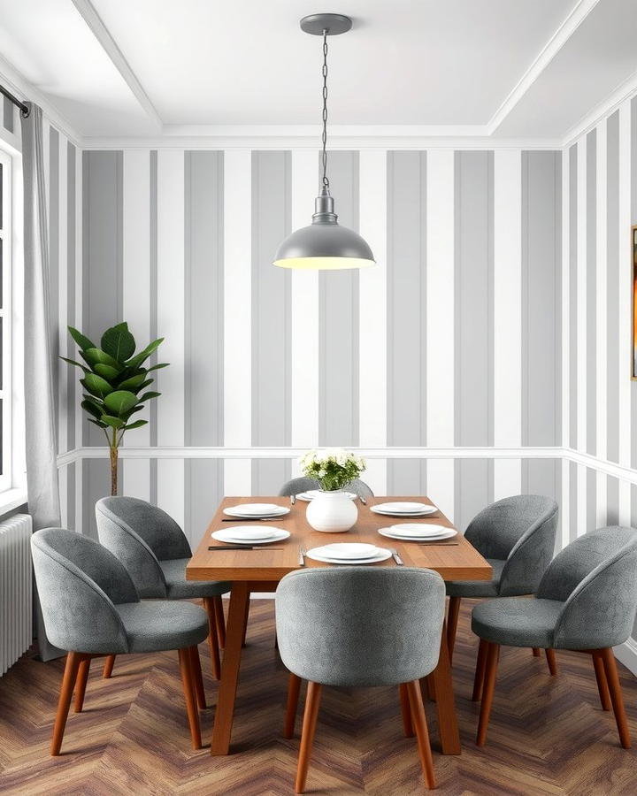 Gray and White Striped Walls - 30 Gray Dining Room Ideas