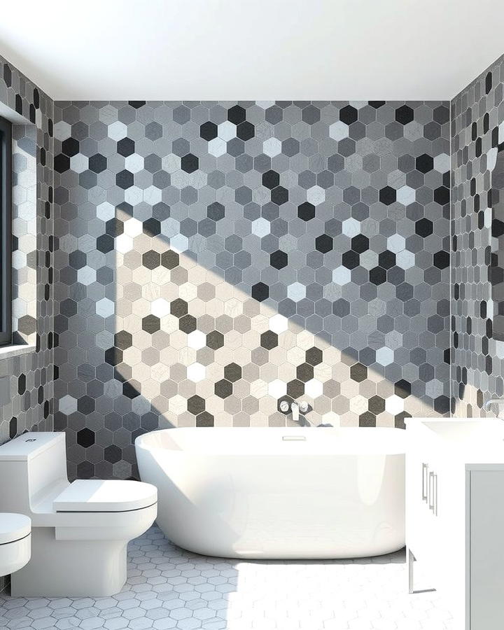 Grayscale Ombre Hexagon Tile Floors - 30 Bathrooms With Hexagon Tile Floors