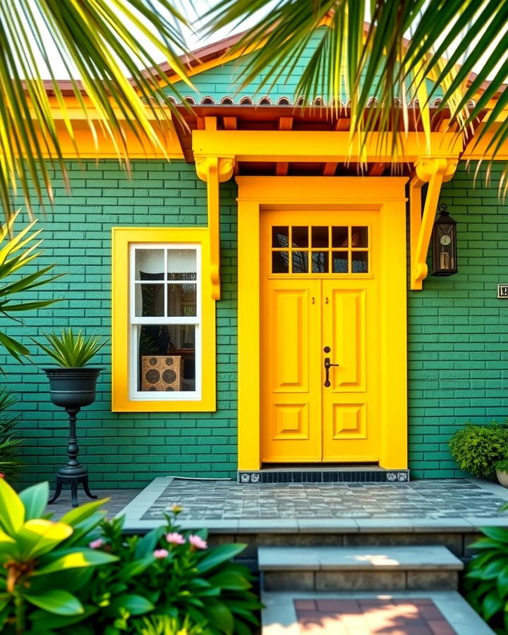 Green Brick with Bright Yellow Accents - 30 Green Brick Exterior Home Ideas