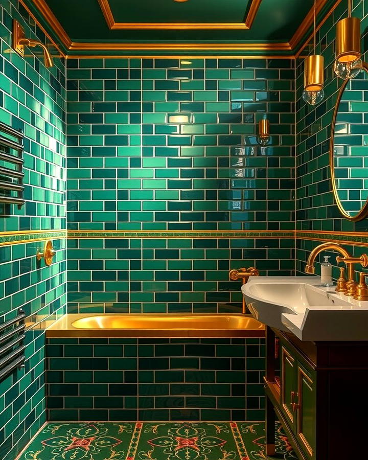 Green Tiles with Gold Accents - 30 Green Tile Bathroom Ideas