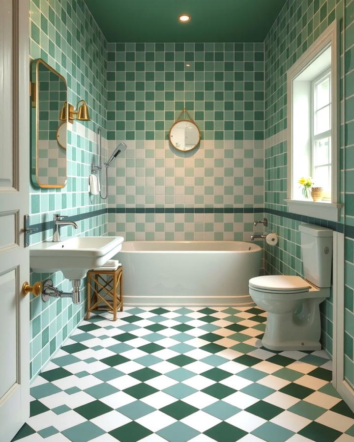 Green and White Checkerboard Flooring - 30 Green Tile Bathroom Ideas