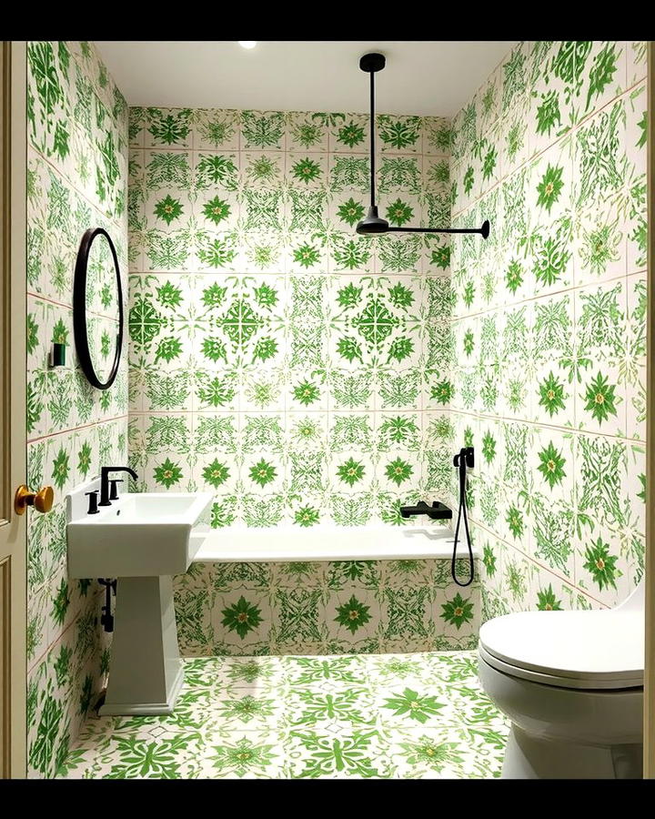 Green and White Patterned Tiles for Visual Interest - 30 Green Tile Bathroom Ideas