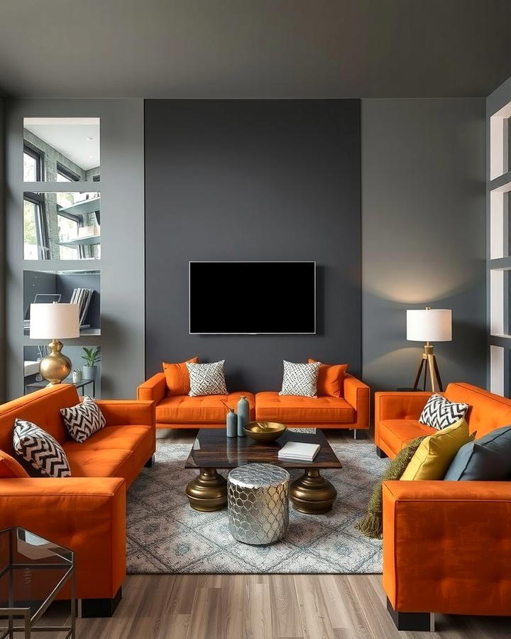 Grey Accent Walls with Orange Furniture - 25 Orange and Grey Living Room Ideas