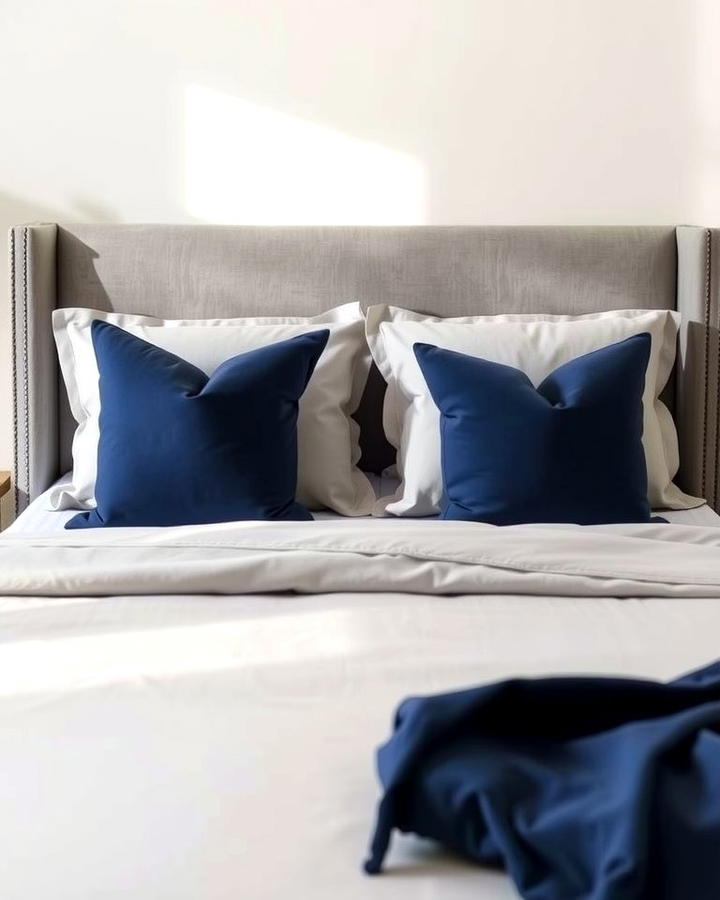 Grey Bedding with Navy Blue Throw Pillows - 25 Navy Blue and Grey Bedroom Ideas