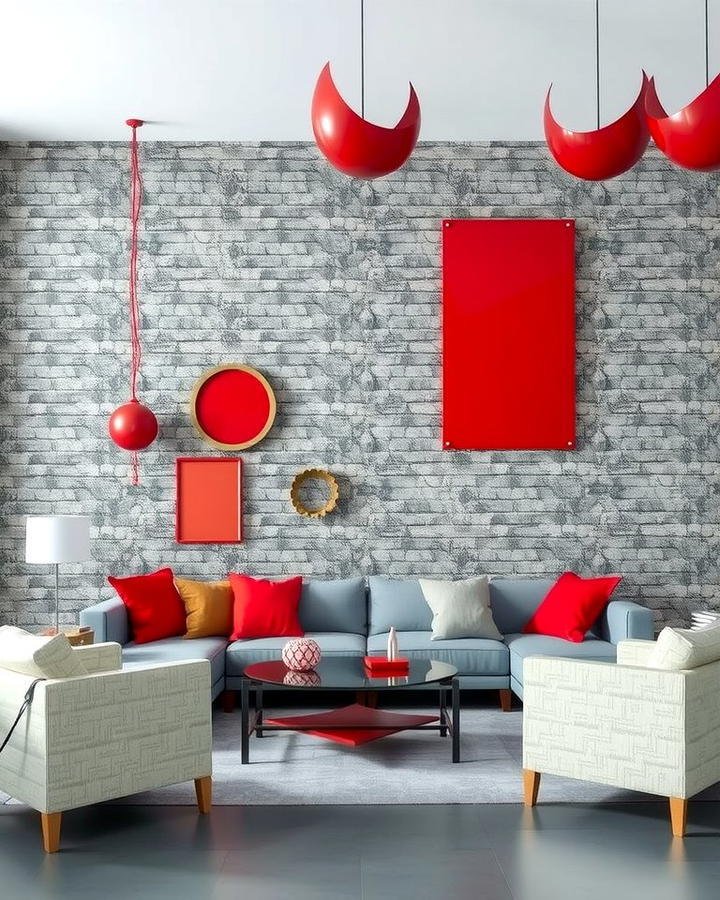 Grey Brick Wall with Red Accessories - 25 Red and Grey Living Room Ideas