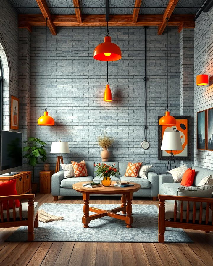 Grey Brick Walls with Orange Lighting - 25 Orange and Grey Living Room Ideas