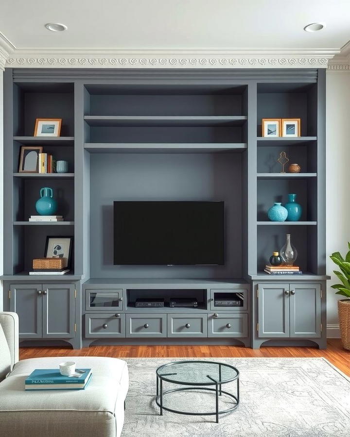 Grey Built In Shelves with Blue Accents - 30 Blue and Grey Living Room Ideas