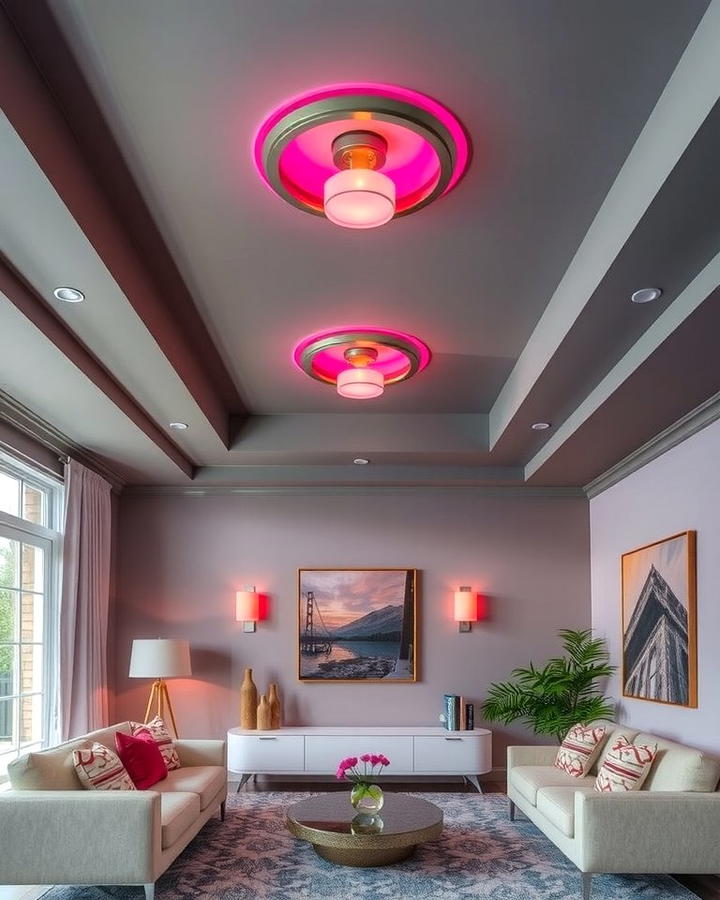 Grey Ceiling with Pink Highlights - 25 Pink and Grey Living Room Ideas