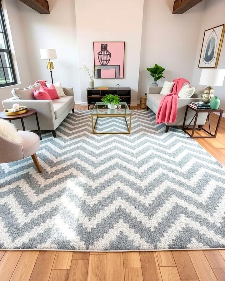 Grey Chevron Pattern Rug with Pink Accents - 25 Pink and Grey Living Room Ideas