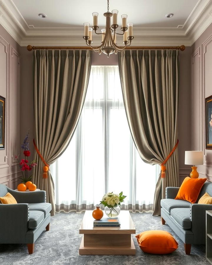 Grey Curtains with Orange Tiebacks - 25 Orange and Grey Living Room Ideas