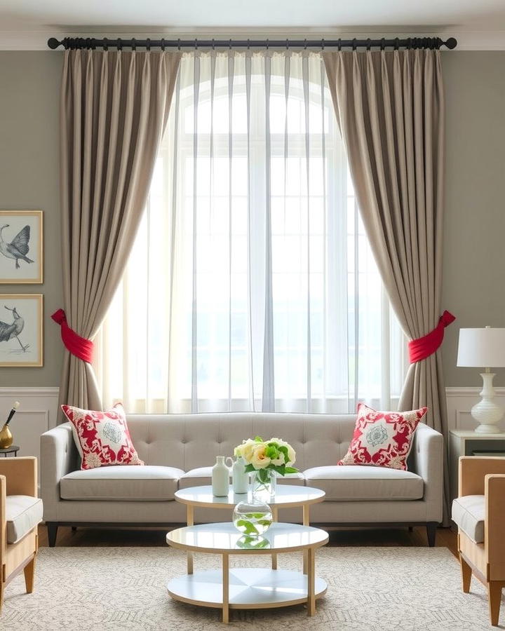 Grey Curtains with Red Tiebacks - 25 Red and Grey Living Room Ideas