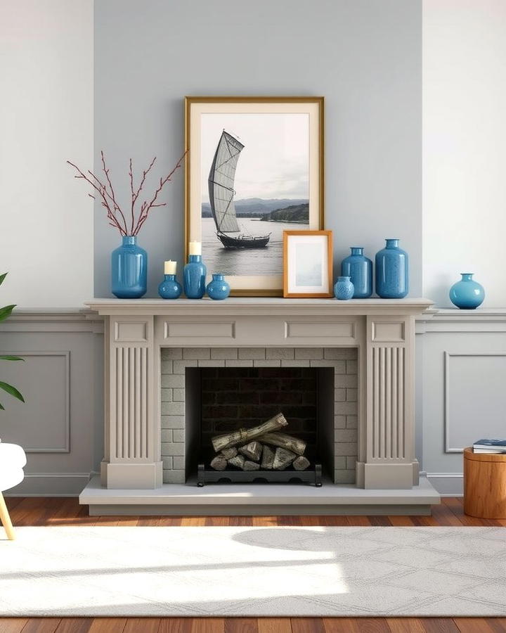 Grey Fireplace with Blue Mantel Decor - 30 Blue and Grey Living Room Ideas