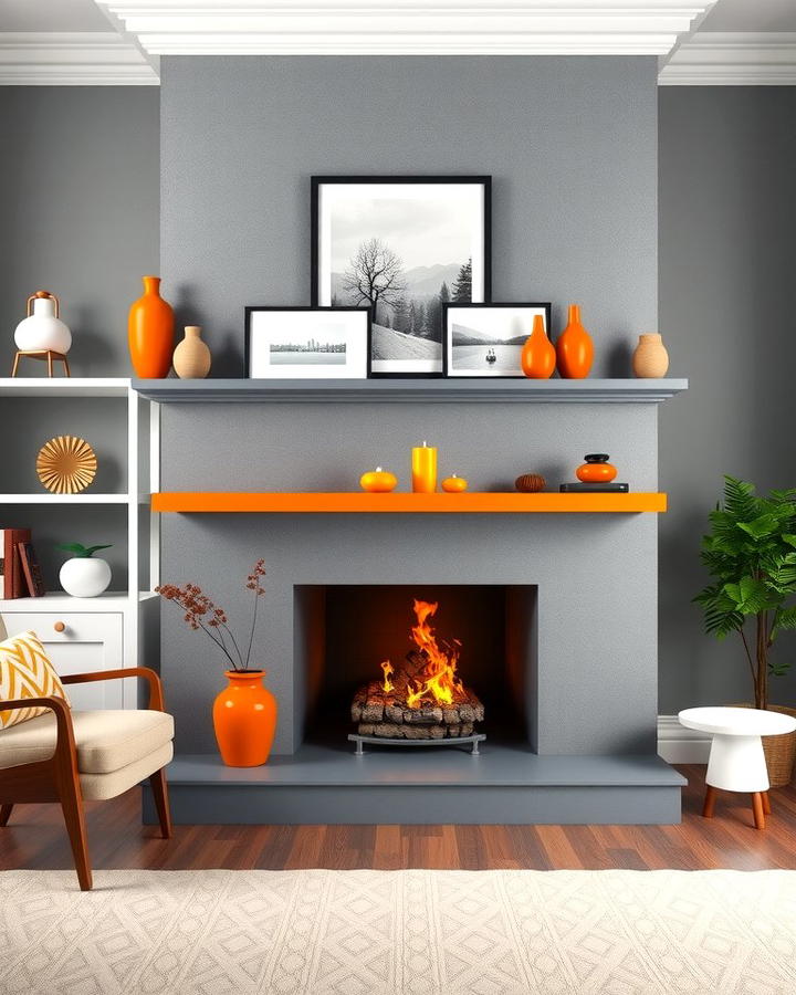 Grey Fireplace with Orange Mantel Decor - 25 Orange and Grey Living Room Ideas