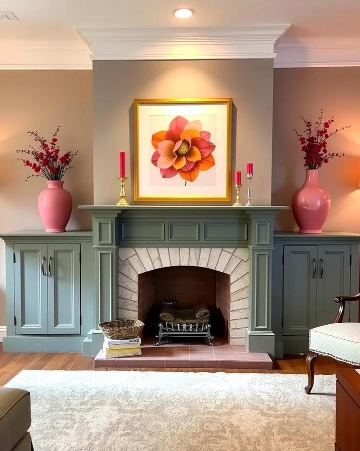 Grey Fireplace with Pink Accessories - 25 Pink and Grey Living Room Ideas