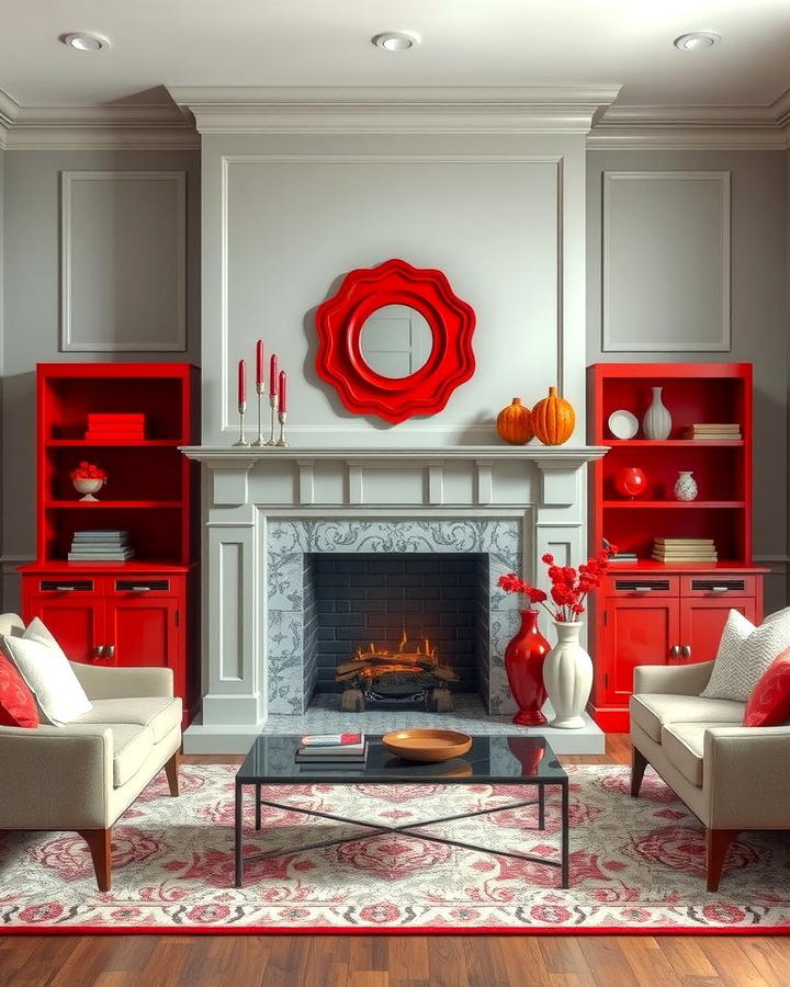 Grey Fireplace with Red Mantel Decor - 25 Red and Grey Living Room Ideas