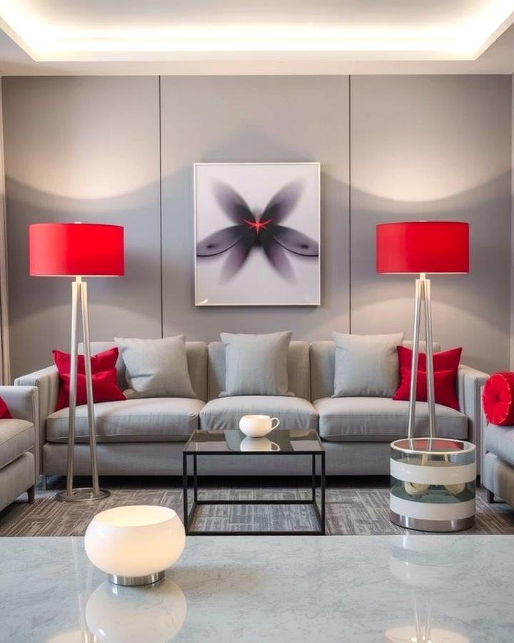 Grey Furniture with Red Lampshades - 25 Red and Grey Living Room Ideas