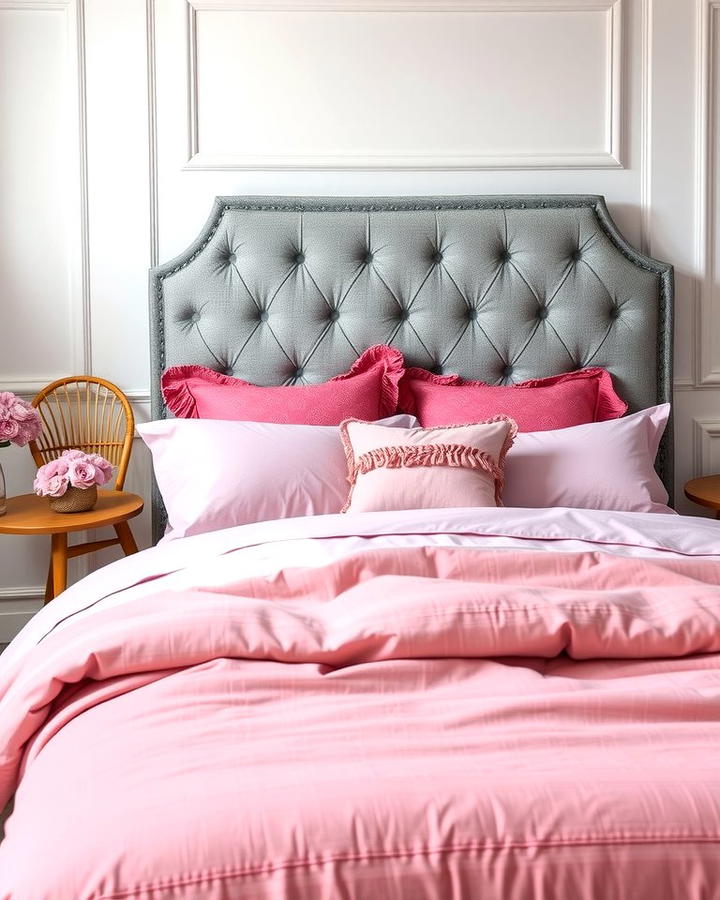 Grey Headboard with Pink Bedding - 25 Pink and Grey Bedroom Ideas